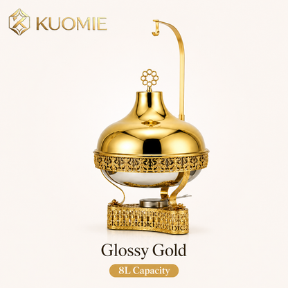 KUOMIE 8L Luxury Chafing Dish with Hanging Lid, Stainless Steel Food Pan, Gold Filigree Buffet Warmer for Weddings, Hotels, Catering, Parties and Events