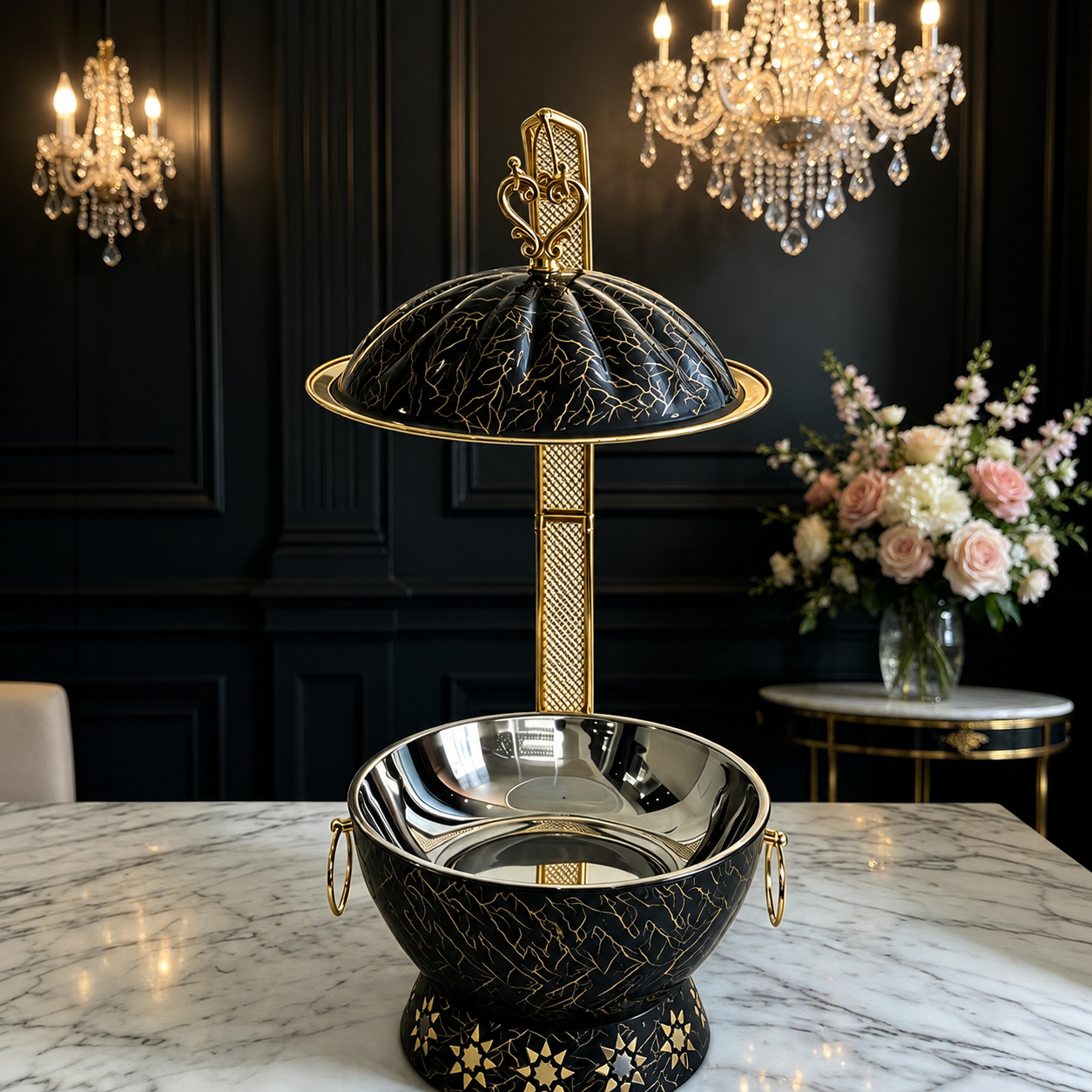 Luxury Marble Chafing Dish with Gold Accents for Weddings, Hotels & Banquets