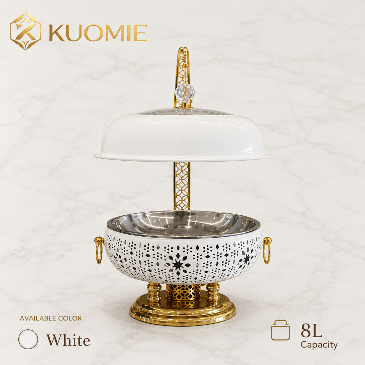 KUOMIE Premium Stainless Steel Food Warmer with Decorative Gold Stand
