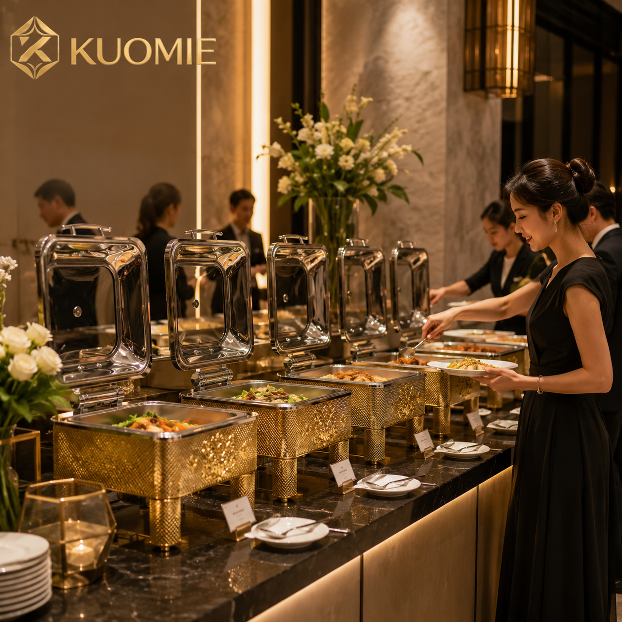KUOMIE 6L -9L luxury-gold-chafing-dish-glass-lid-buffet-warmer