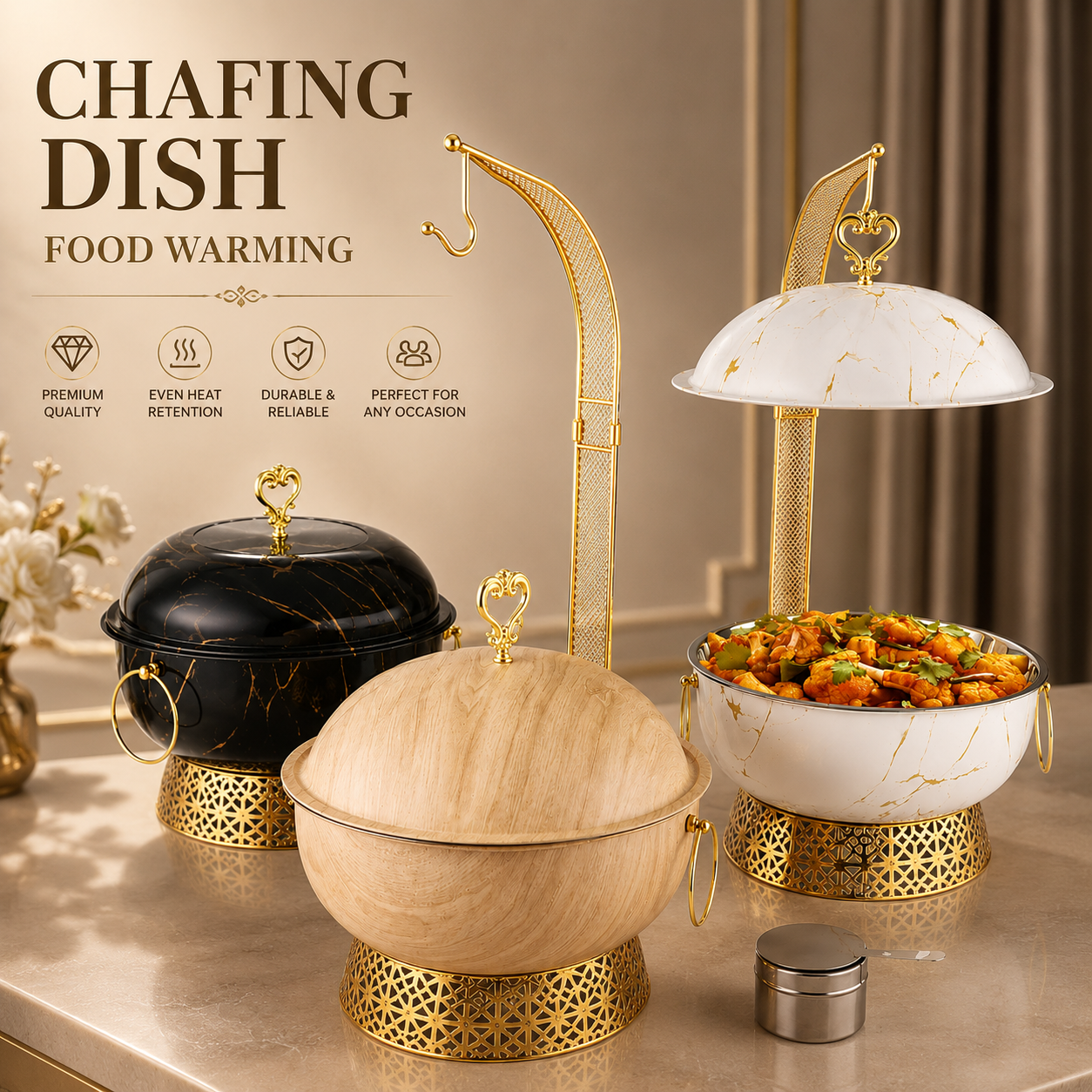 Luxury 8L Stainless Steel Chafing Dish with Hanging Lid for Hotel Buffet, Restaurant Catering & Wedding Banquets