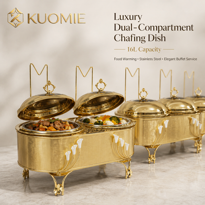 KUOMIE Luxury 16L Dual Compartment Gold Chafing Dish with Stainless Steel Food Pans for Weddings, Buffets, Hotels & Events