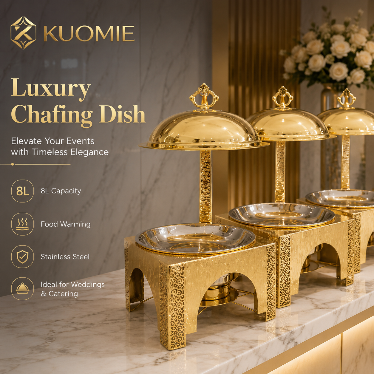 KUOMIE Premium Gold Food Warmer with Decorative Square Base for Hotels and Weddings