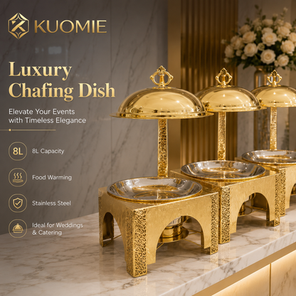 KUOMIE Premium Gold Food Warmer with Decorative Square Base for Hotels and Weddings