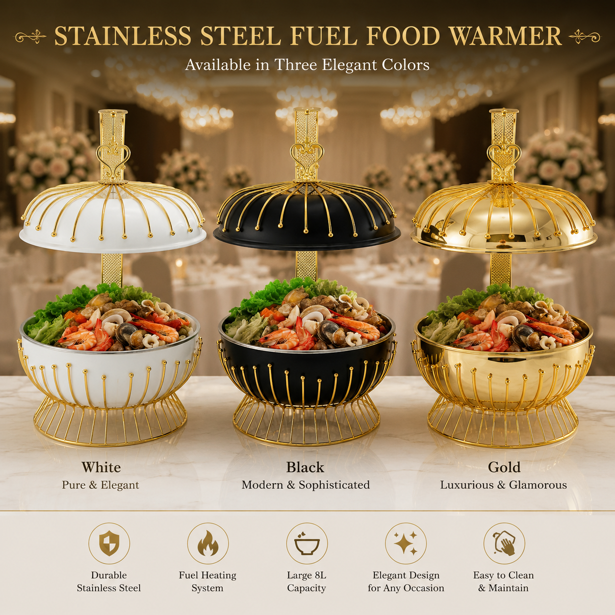 Luxury 8L Hanging Dome Chafing Dish | Premium Buffet Food Warmer for Hotel, Wedding & Catering
