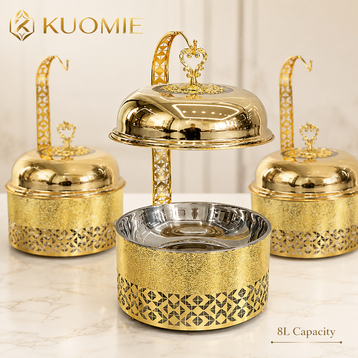 KUOMIE Luxury 8L Gold Chafing Dish with Hanging Lid, Stainless Steel Food Warmer for Weddings, Hotel Buffets, Catering Events, Parties, and Banquets