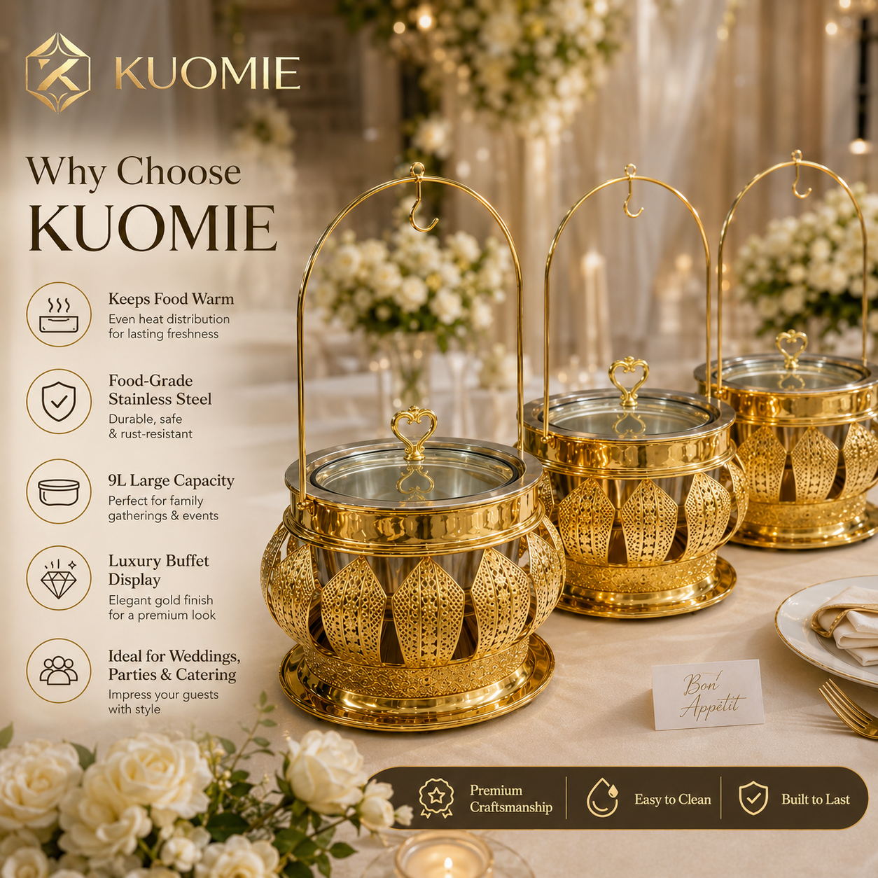 Luxury Round Gold Chafing Dish with Glass Lid, Stainless Steel Food Pan & Decorative Hanging Handle for Hotel Buffet, Wedding Catering, Banquets and Parties