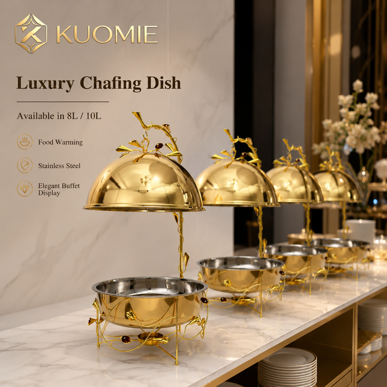 KUOMIE 8L/10L Gold Buffet Chafing Dish, Elegant Food Warmer for Weddings and Banquet Service