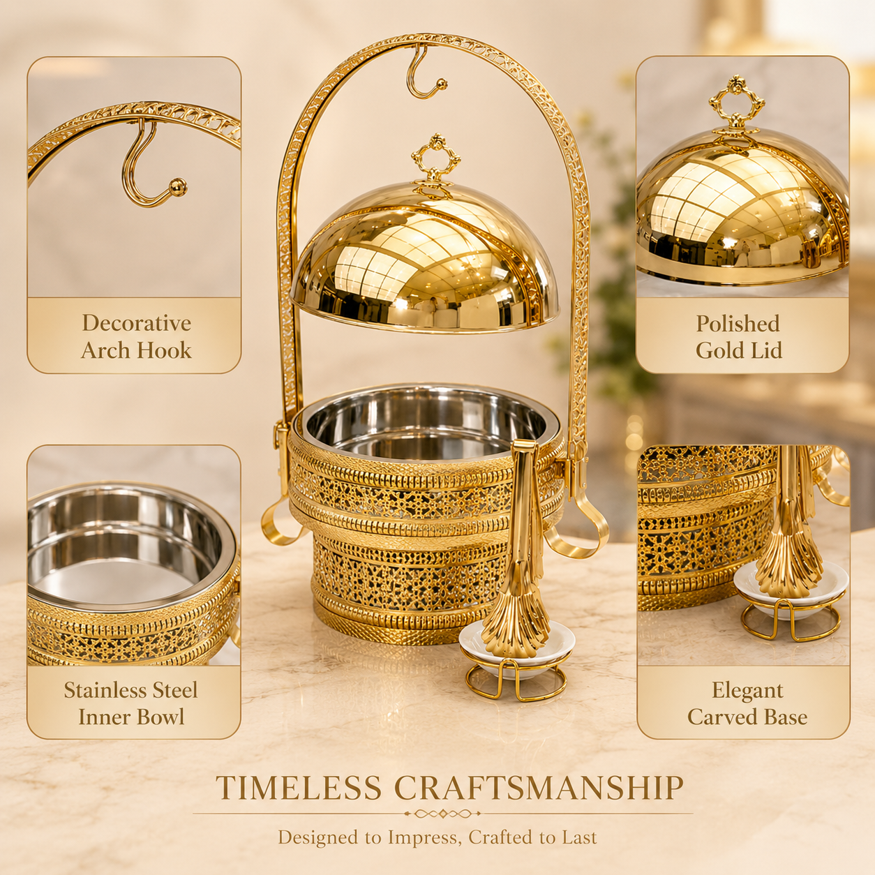 Luxury Gold Round Chafing Dish with Hanging Dome Lid for Wedding Buffet & Hotel Catering