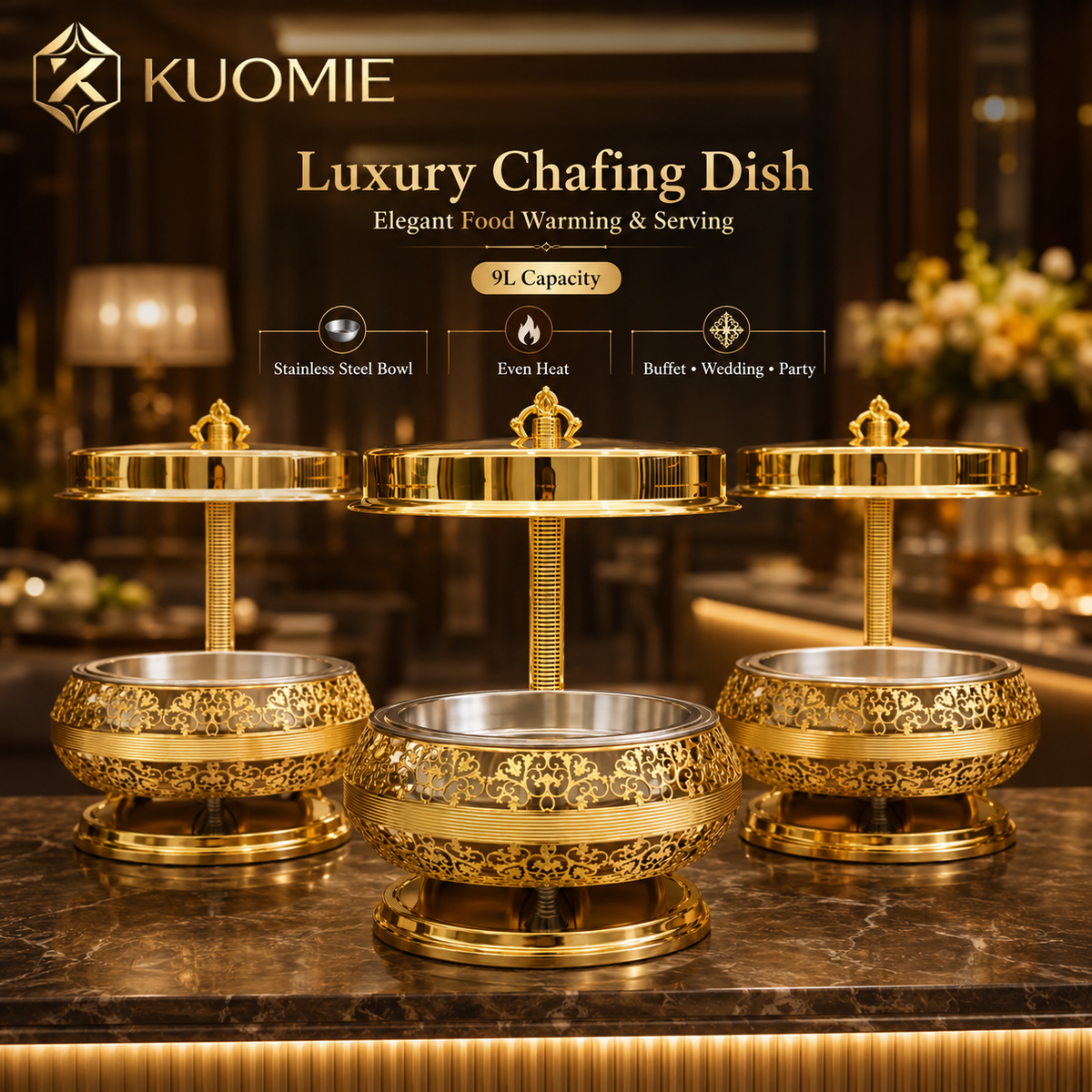 KUOMIE Luxury Gold 9L Chafing Dish for Premium Buffet Food Warming and Elegant Event Catering