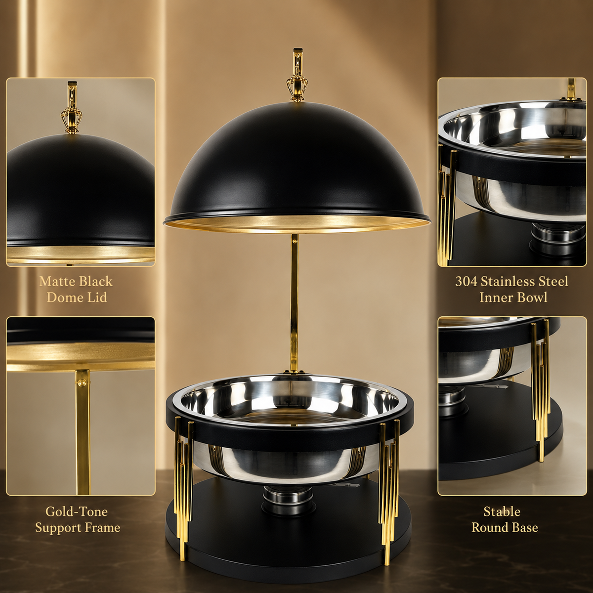 Luxury Black Gold Round Chafing Dish for Hotel Buffet, Wedding Catering & Banquet Events
