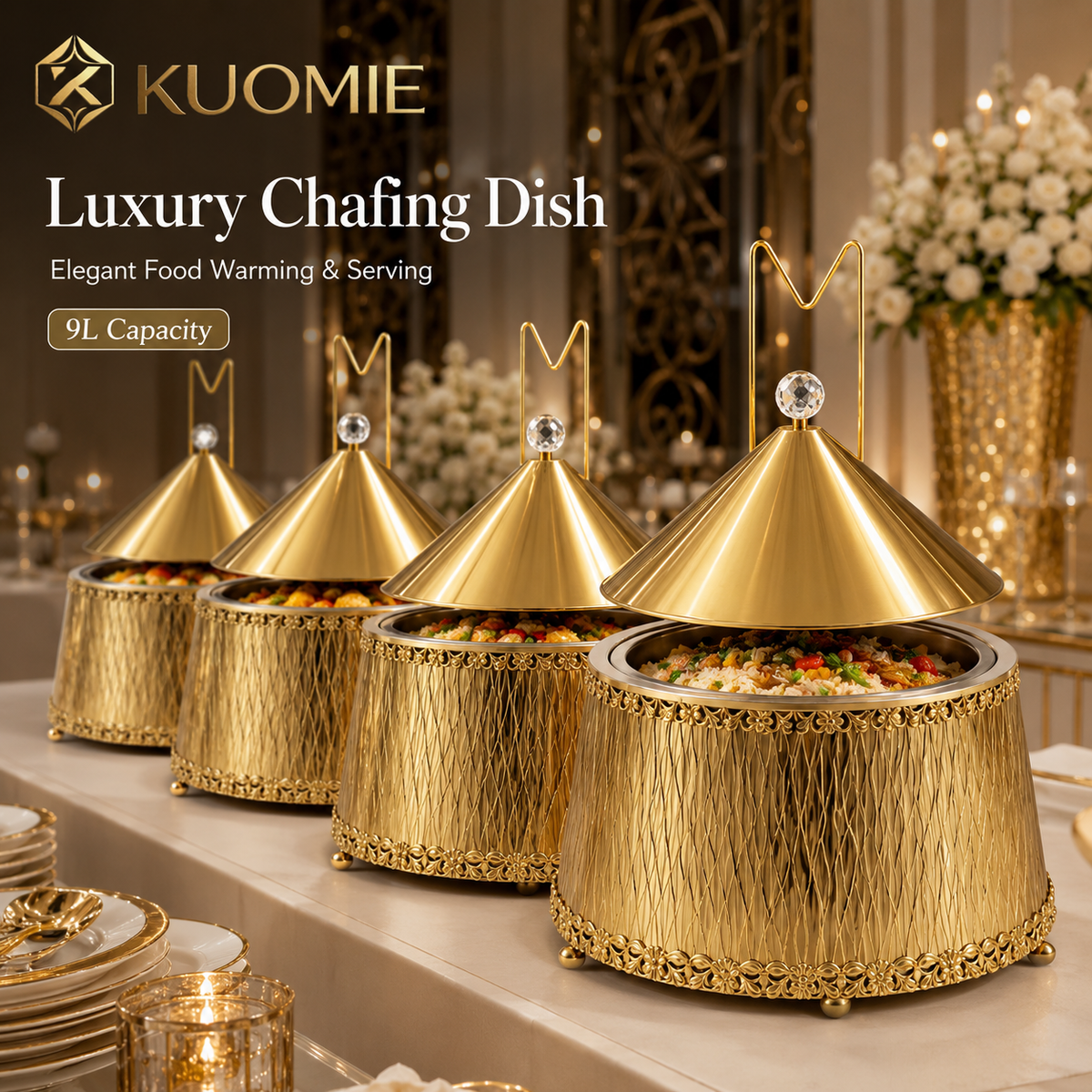 KUOMIE Luxury Gold 9L Chafing Dish Food Warmer with Stainless Steel Bowl and Cone Lid for Weddings, Buffets and Catering