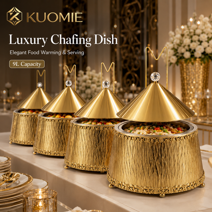 KUOMIE Luxury Gold 9L Chafing Dish Food Warmer with Stainless Steel Bowl and Cone Lid for Weddings, Buffets and Catering