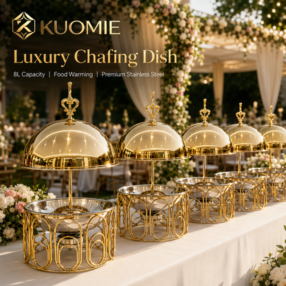 Luxury Round Gold Chafing Dish with Stainless Steel Food Pan, Dome Lid & Decorative Wire Frame for Hotel Buffet, Wedding Catering, Banquets & Parties