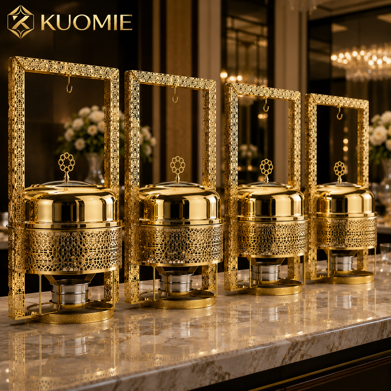 KUOMIE Luxury 8L Gold Chafing Dish with Hanging Lid Frame, Stainless Steel Buffet Food Warmer for Weddings, Hotels, Catering, Parties, and Banquets