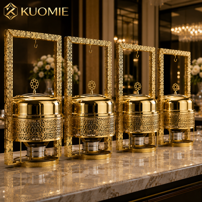 KUOMIE Luxury 8L Gold Chafing Dish with Hanging Lid Frame, Stainless Steel Buffet Food Warmer for Weddings, Hotels, Catering, Parties, and Banquets