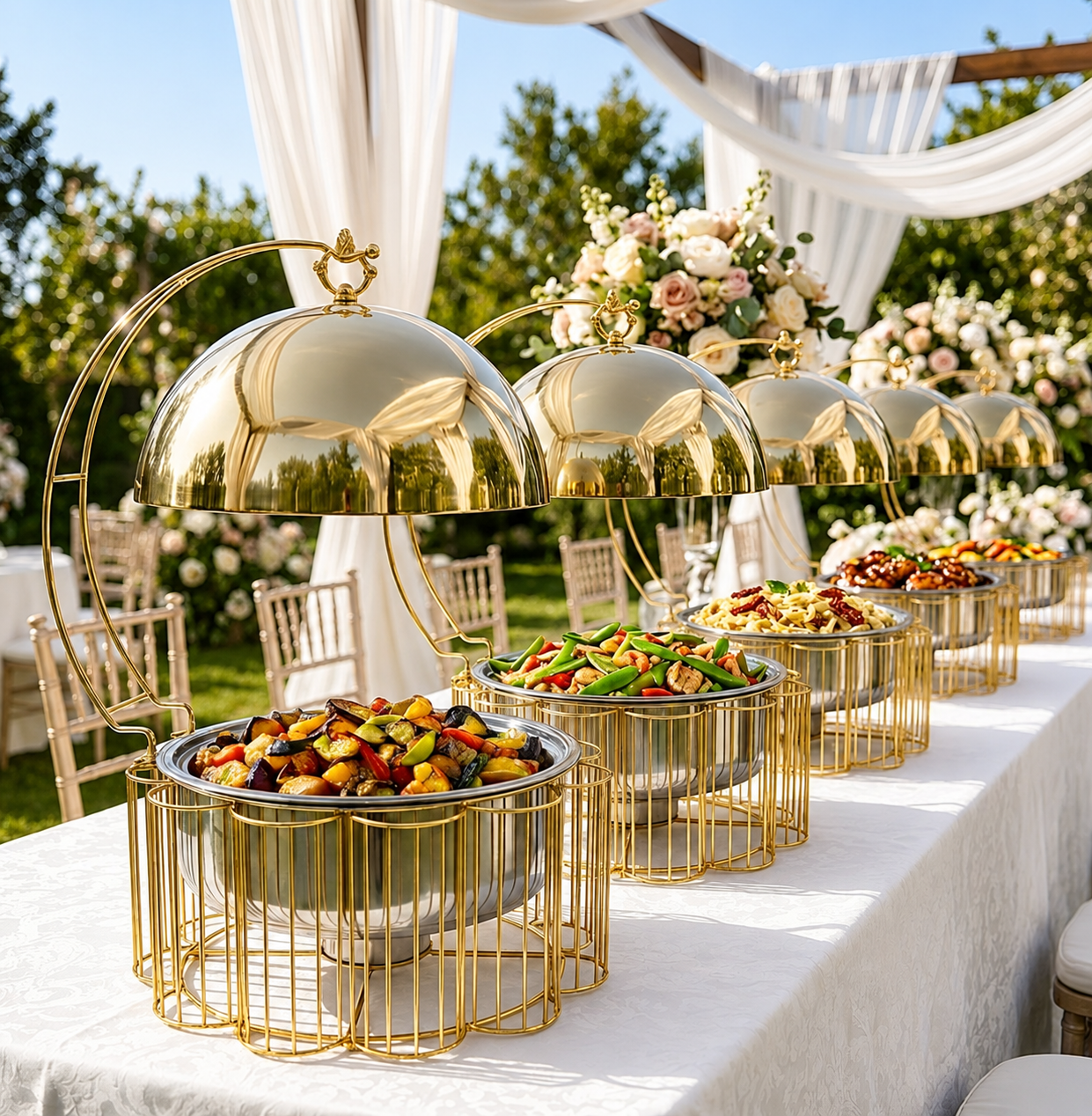 Luxury Gold Round Chafing Dish Set with Dome Lid for Outdoor Wedding Buffet, Catering Events & Party Food Warmer