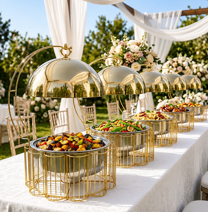 Luxury Gold Round Chafing Dish Set with Dome Lid for Outdoor Wedding Buffet, Catering Events & Party Food Warmer