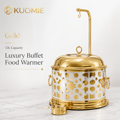 Luxury 13L White and Gold Buffet Warmer with Hanging Lid and Stainless Steel Food Pan