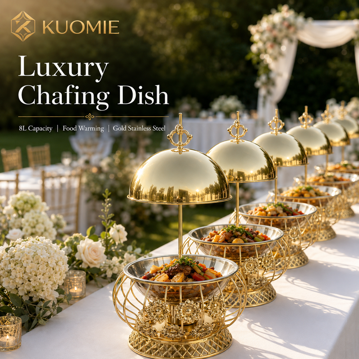 Luxury Gold Chafing Dish | Round Buffet Food Warmer for Weddings and Catering