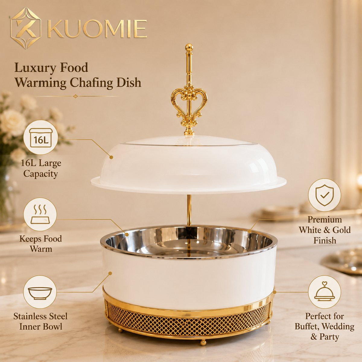 KUOMIE 16L Luxury White and Gold Chafing Dish for Buffet Food Warming and Elegant Catering