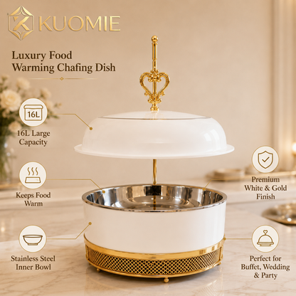 KUOMIE 16L Luxury White and Gold Chafing Dish for Buffet Food Warming and Elegant Catering