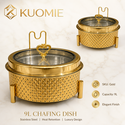 KUOMIE 9L Gold Chafing Dish with Glass Lid for Luxury Buffet Food Warming
