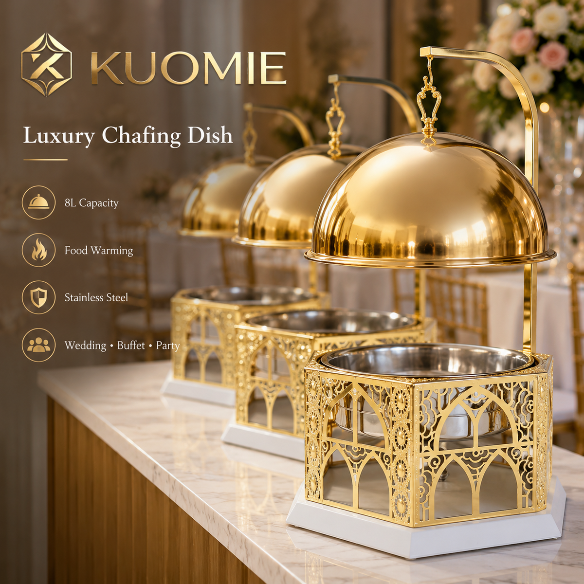 Luxury Gold Chafing Dish 8L Stainless Steel Food Warmer with Hanging Dome Lid for Buffet, Wedding, Catering and Party Events