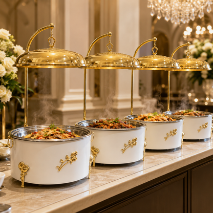Luxury White & Gold Round Chafing Dish for Wedding Buffet, Hotel Catering & Party Food Warmer
