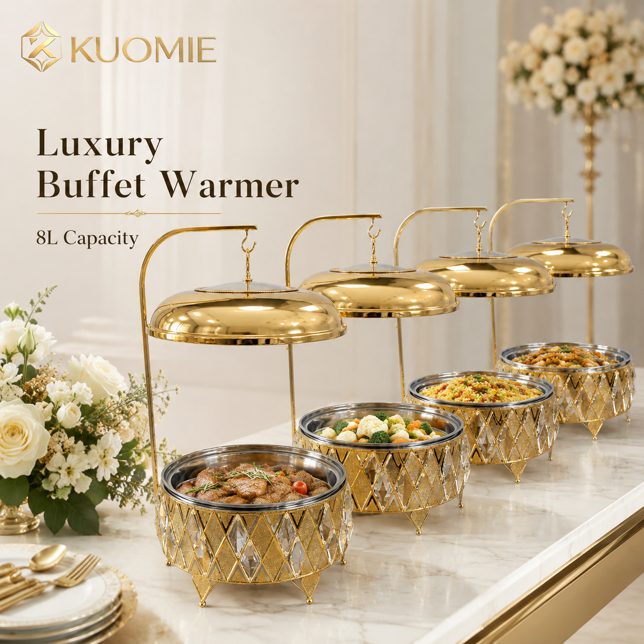 Luxury 8L Gold Buffet Food Warmer with Hanging Lid and Stainless Steel Bowl