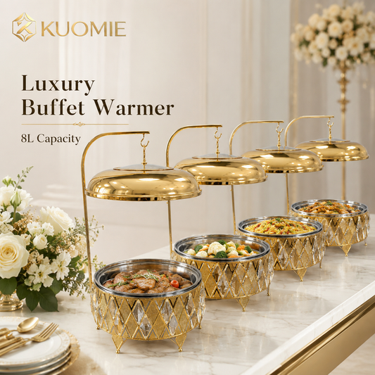 Luxury 8L Gold Buffet Food Warmer with Hanging Lid and Stainless Steel Bowl