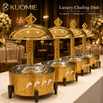 KUOMIE Luxury Gold Chafing Dish with Hanging Dome Lid, Stainless Steel Buffet Food Warmer for Weddings, Hotels, Catering, Banquets, and Parties