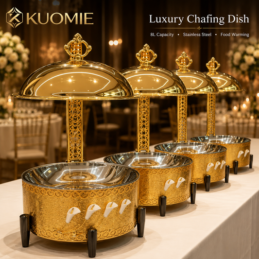 KUOMIE Luxury Gold Chafing Dish with Hanging Dome Lid, Stainless Steel Buffet Food Warmer for Weddings, Hotels, Catering, Banquets, and Parties