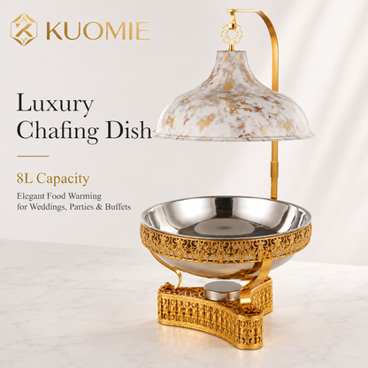 KUOMIE 8L Luxury Chafing Dish with Hanging Lid, Stainless Steel Food Pan, Gold Filigree Buffet Warmer for Weddings, Hotels, Catering, Parties and Events