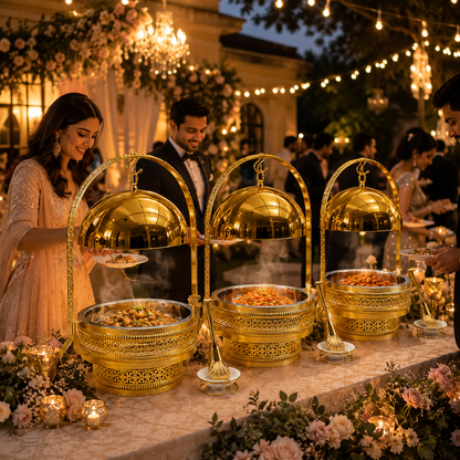 Luxury Gold Round Chafing Dish with Hanging Dome Lid for Wedding Buffet & Hotel Catering