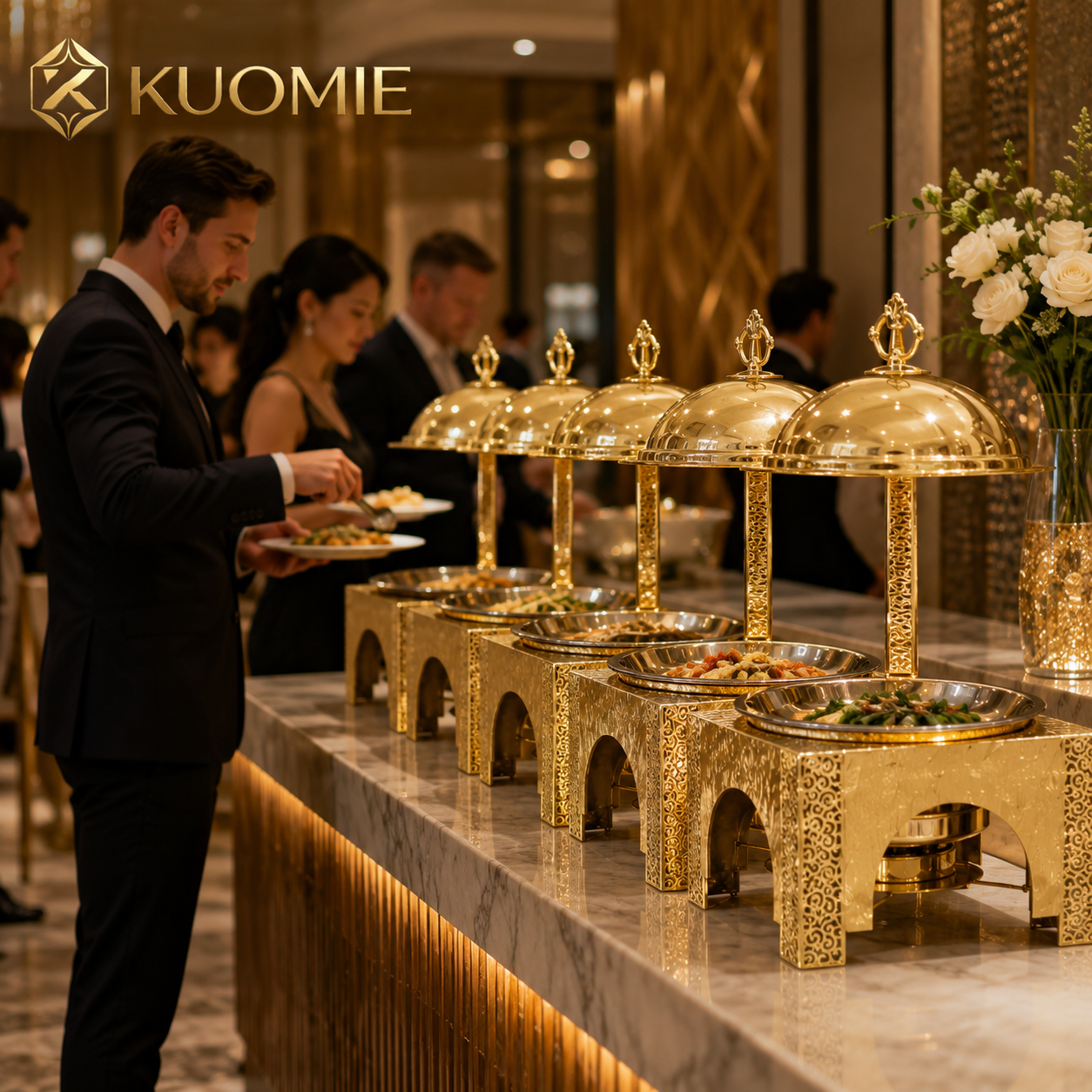 KUOMIE Premium Gold Food Warmer with Decorative Square Base for Hotels and Weddings
