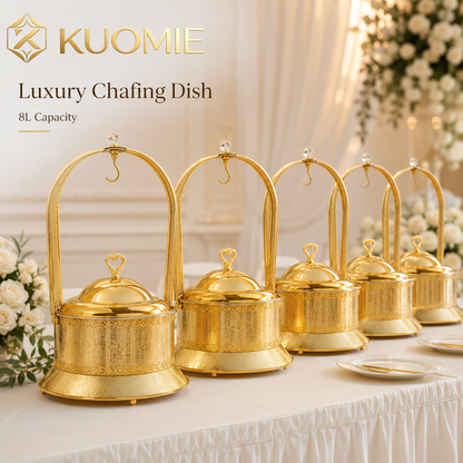 Luxury Wedding Chafing Dish with Crystal Accent, Heart-Shaped Handle and Gold Finish
