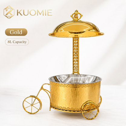 Luxury Gold Round Chafing Dish Cart Set with Dome Lids for Wedding Buffet, Hotel Catering, Banquet Events & Party Food Warmer