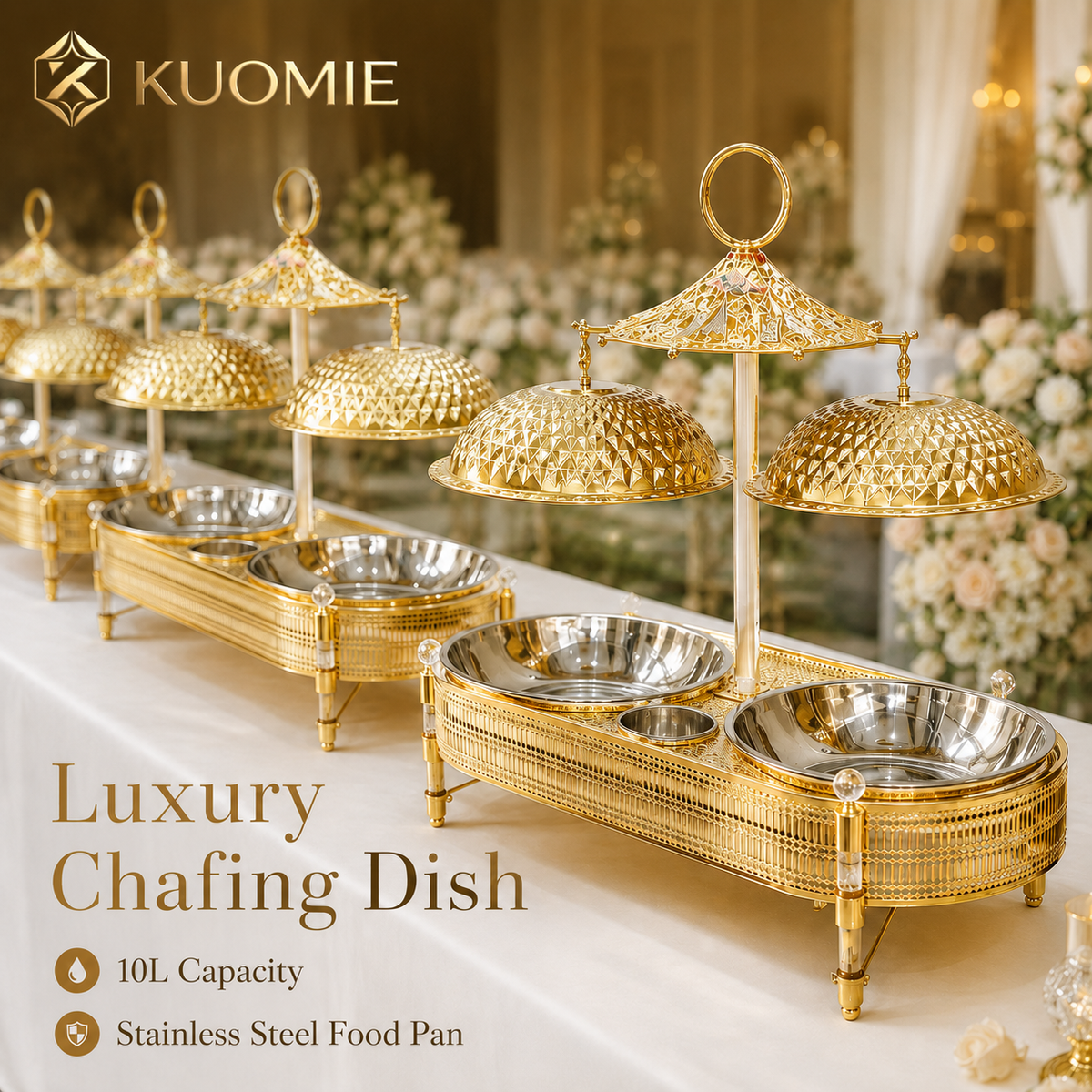 KUOMIE 10L Luxury Gold Double Chafing Dish Set with Textured Dome Lids
