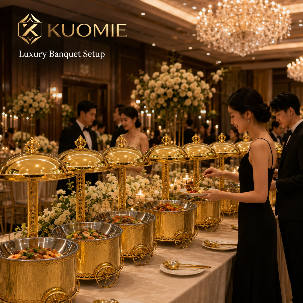 Luxury Gold Round Chafing Dish Cart Set with Dome Lids for Wedding Buffet, Hotel Catering, Banquet Events & Party Food Warmer