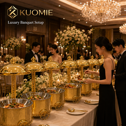 Luxury Gold Round Chafing Dish Cart Set with Dome Lids for Wedding Buffet, Hotel Catering, Banquet Events & Party Food Warmer