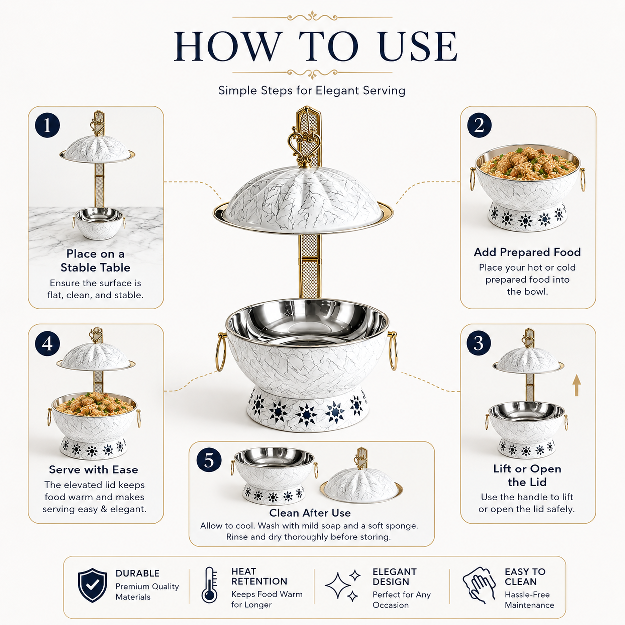 Luxury Marble Chafing Dish with Gold Accents for Weddings, Hotels & Banquets