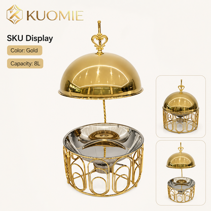 Luxury Round Gold Chafing Dish with Stainless Steel Food Pan, Dome Lid & Decorative Wire Frame for Hotel Buffet, Wedding Catering, Banquets & Parties