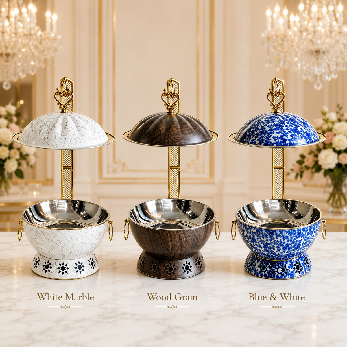 Luxury Marble Chafing Dish with Gold Accents for Weddings, Hotels & Banquets