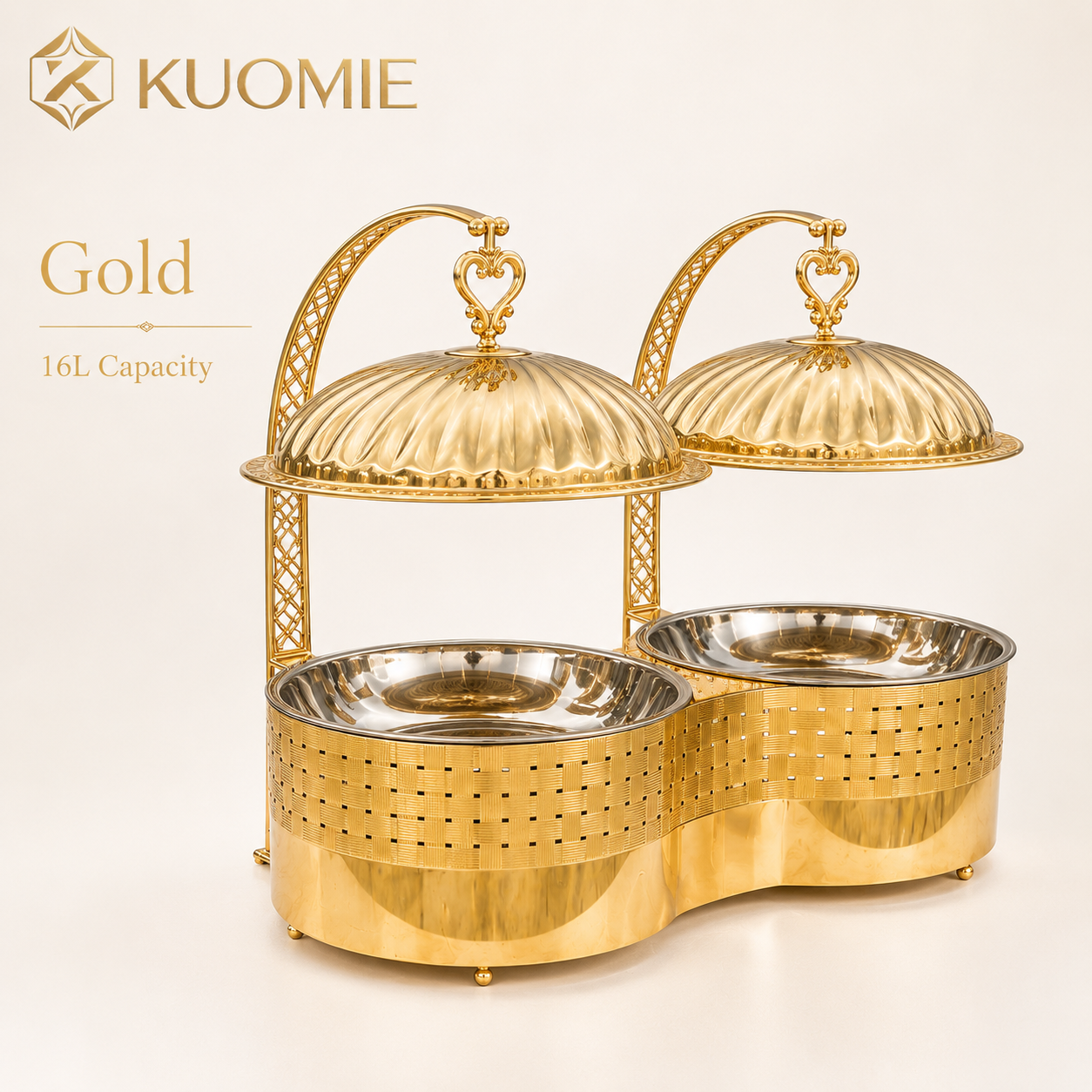16L Dual-Pan Gold Chafing Dish with Suspended Dome Lids | KUOMIE