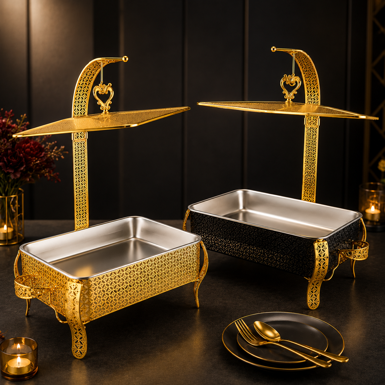 Luxury Wedding Chafing Dish Buffet Set with Decorative Hanging Shelf | Premium Catering Food Warmer