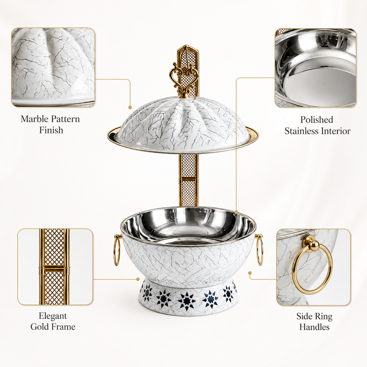 Luxury Marble Chafing Dish with Gold Accents for Weddings, Hotels & Banquets