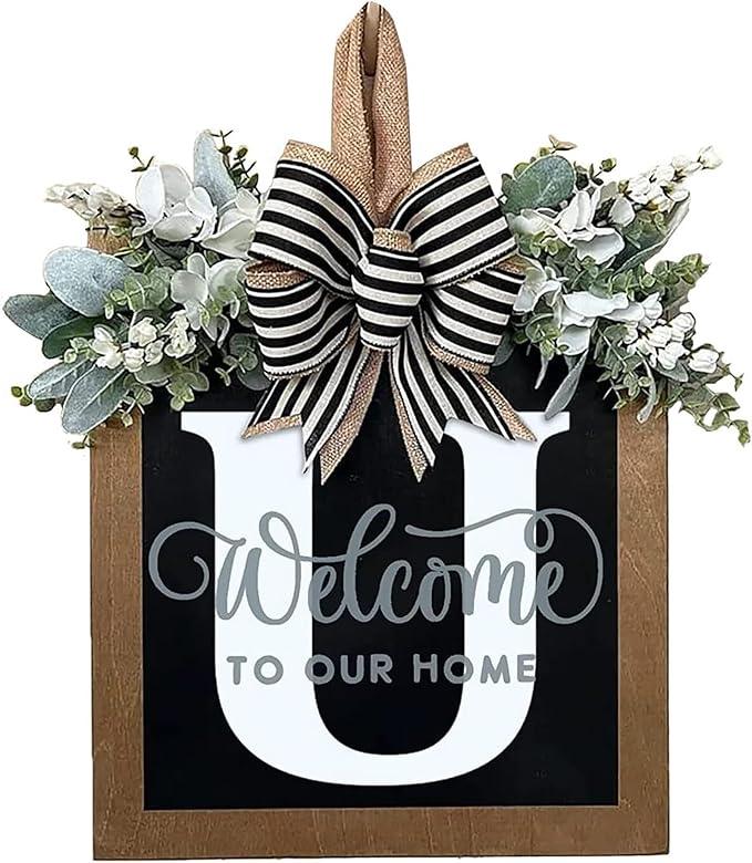 Last Name Year Round Front Door Wreath Front Porch Decoration 26 Letter Welcome Sign with Eucalyptus Garland and Bow Spring Wreaths for Front Door Outside Hanger Garland - kuomie