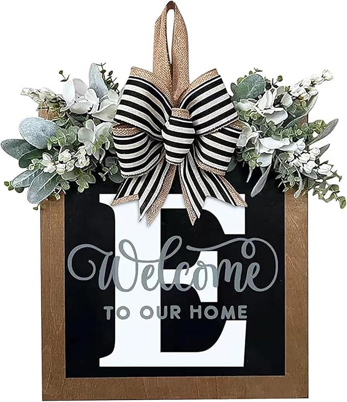 Last Name Year Round Front Door Wreath Front Porch Decoration 26 Letter Welcome Sign with Eucalyptus Garland and Bow Spring Wreaths for Front Door Outside Hanger Garland - kuomie