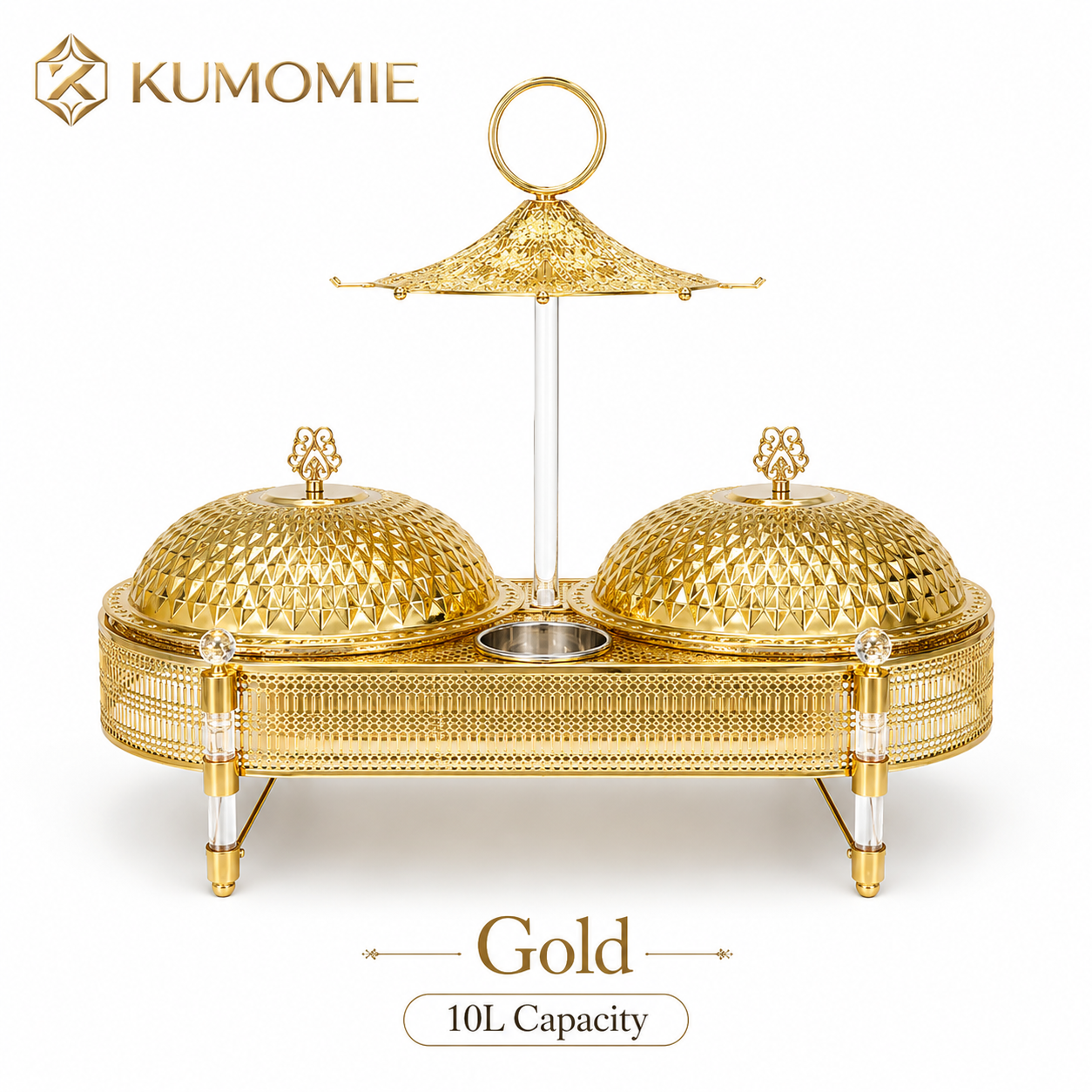 KUMOMIE Luxury Gold Double Chafing Dish Set with Textured Dome Lids, Stainless Steel Food Pans & Acrylic Legs, 10L Buffet Food Warmer for Weddings, Catering, Hotels & Parties